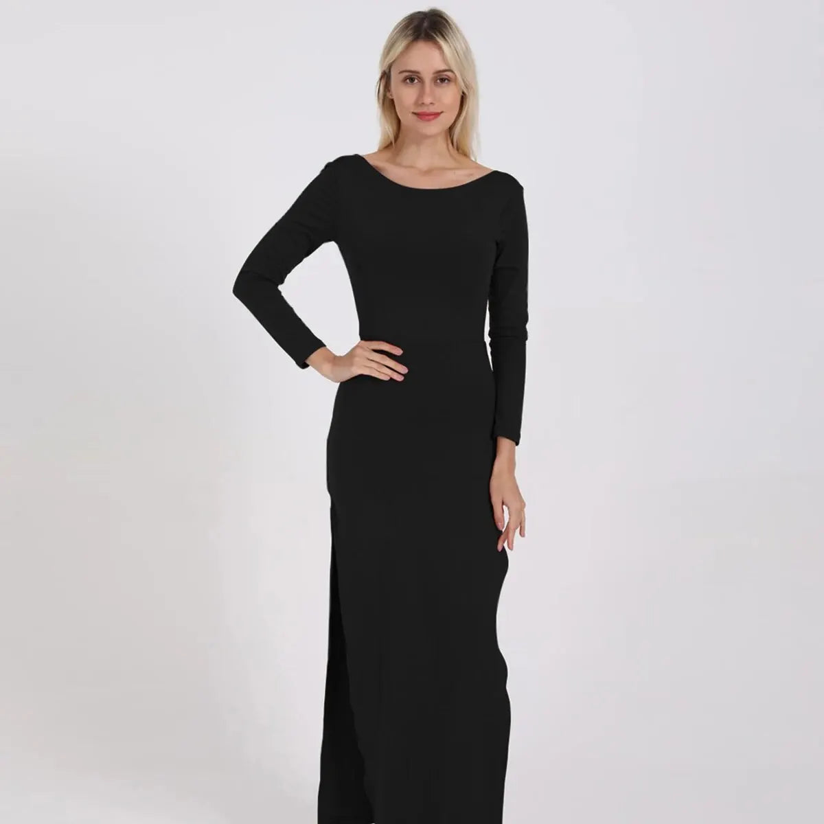 Sexy Women's Backless Round Neck Long Sleeve Tight Split Dress Spring/Summer Evening Party 2024 New Edition 8920-black