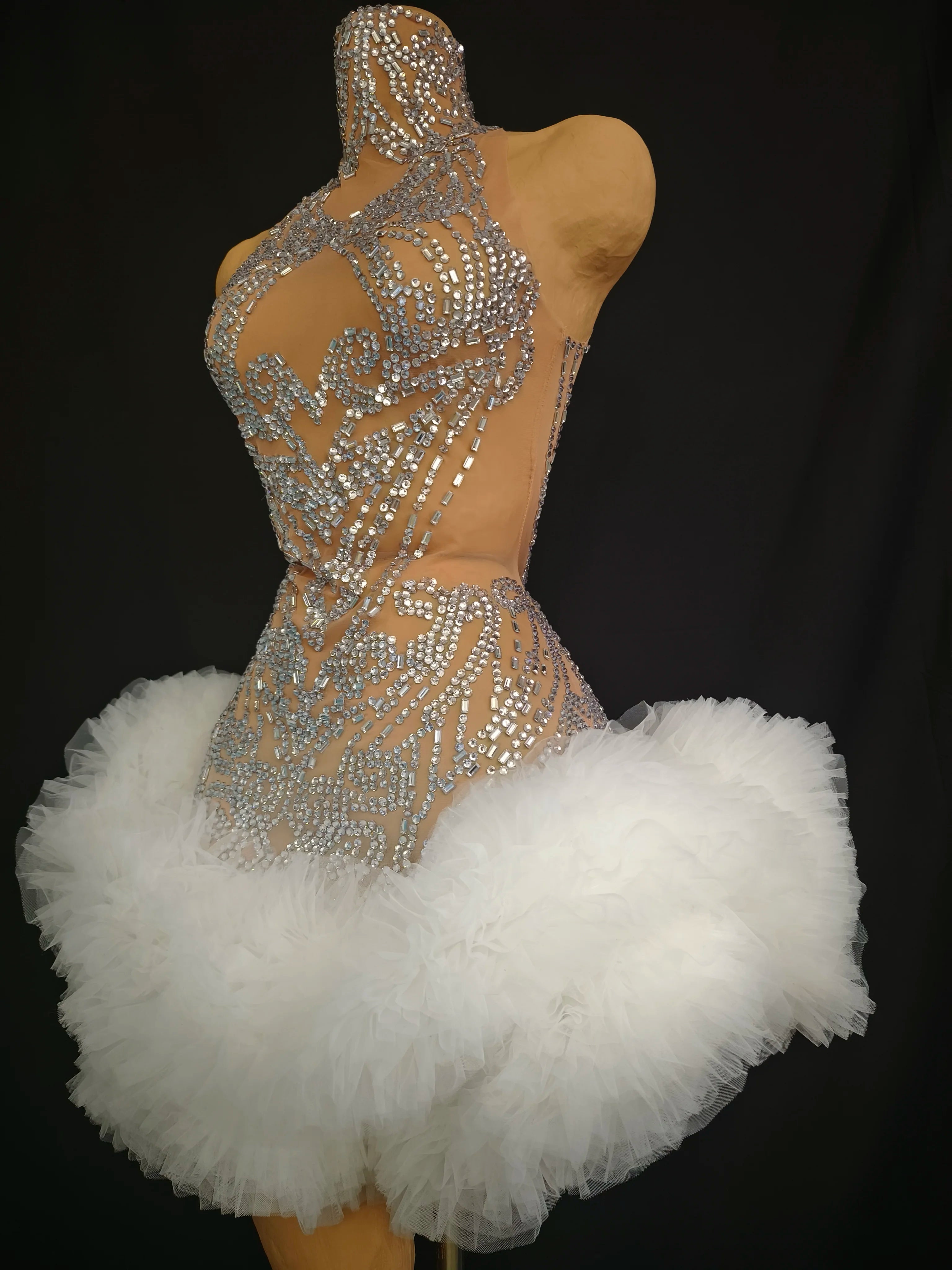 Women Sexy Mesh Nude Stretchy Sleeveless Night Club See Through Singer Dancer tage Costume Mini Party Dress