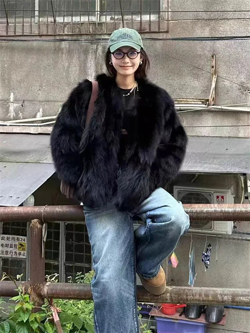 Imitation Fox Fur Eco Friendly Fur Coat Cardigan Women's Winter New Black Short Style Slim and Fashionable Young Fur Coat