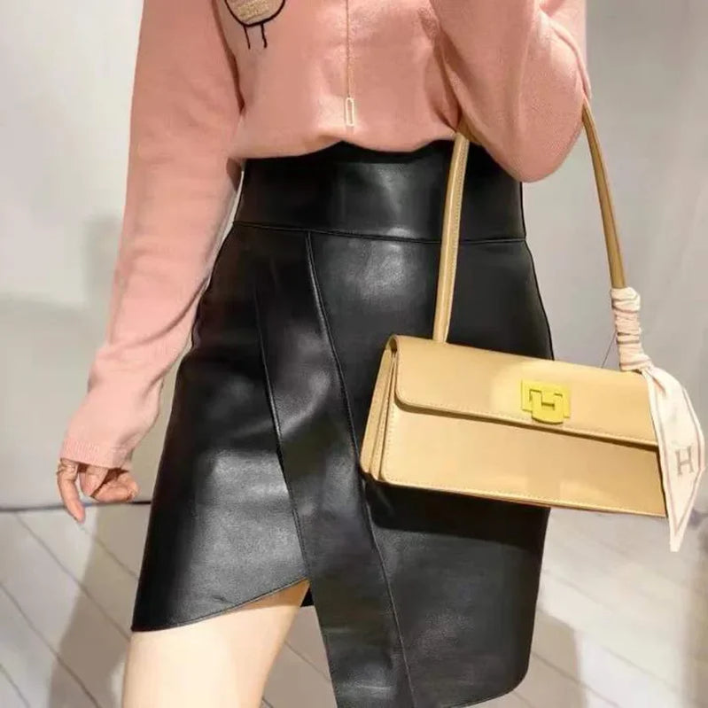 Tcyeek Real Leather Sheepskin Black Skirt Women Elegant New Leather Skirt Women's High Waist Mini Skirt Women Falda Sexy Mujer