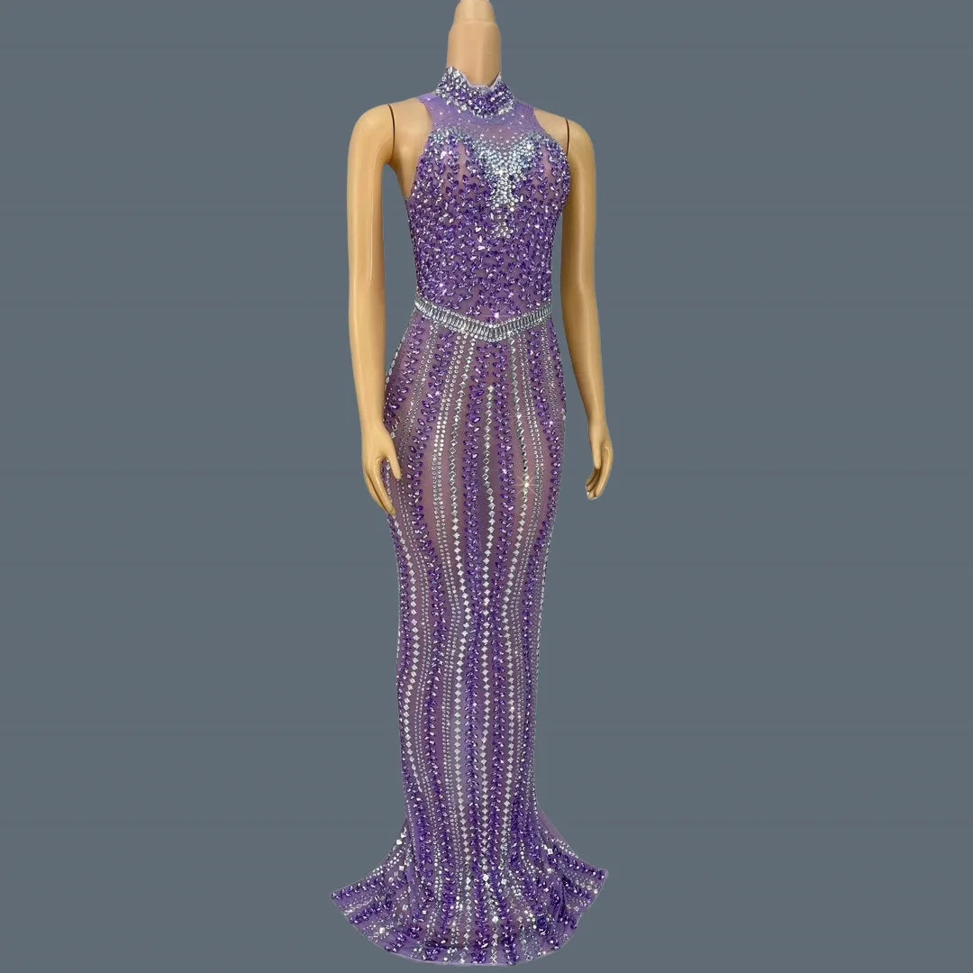 High-quality Purple Crystals Sexy Evening Gown Luxury Dinners Ball Dress Women's Birthday Party Stage Elegant Mesh Dress zizi