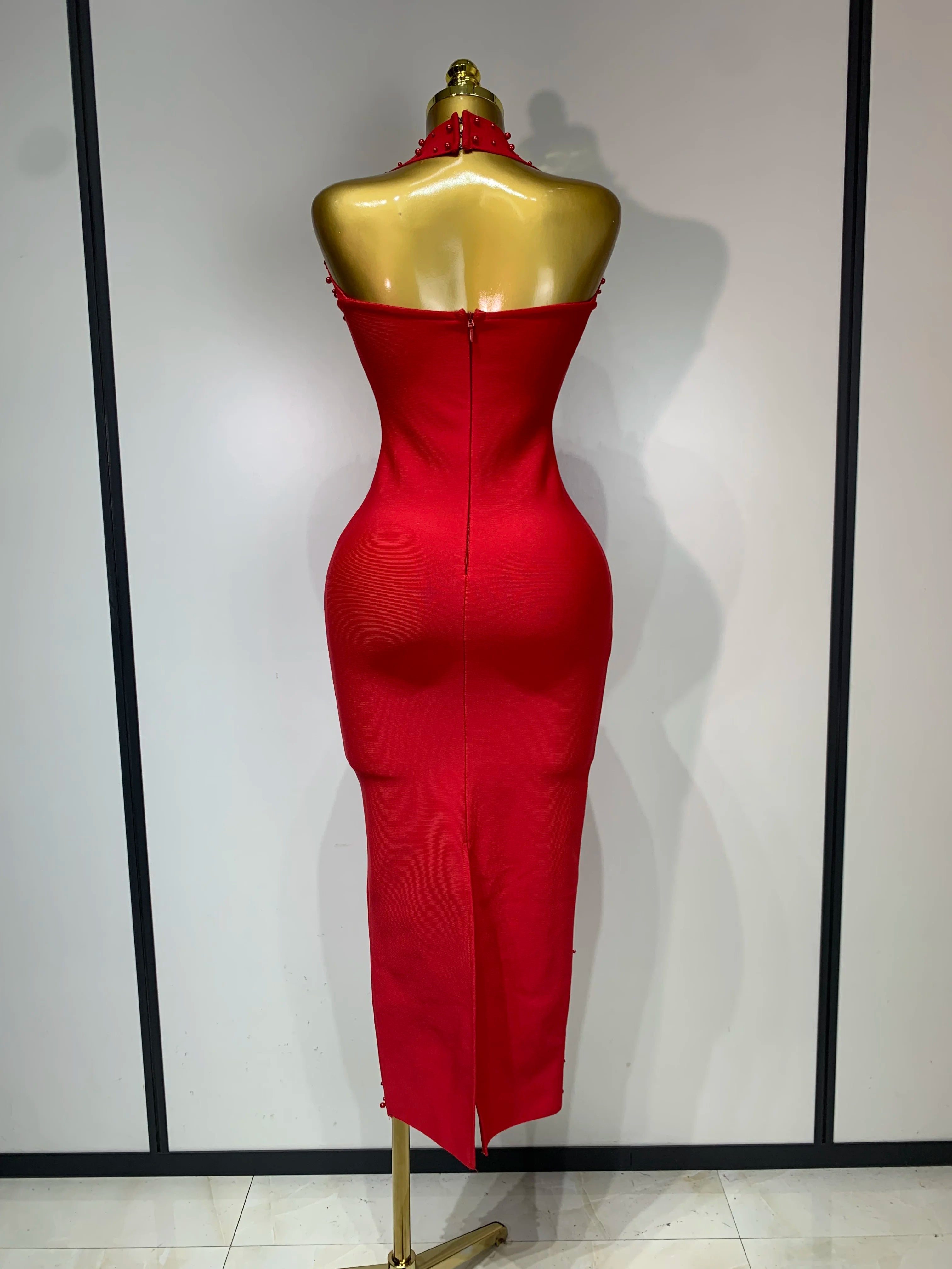 Women Sexy Halter Backless Shiny Rhinestone Pearl Bodycon Bandage Dress Celebirty Elegant Evening Party Luxury Birthday Dress