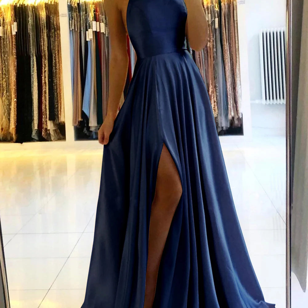 Ladies Blue A-line Long Satin Evening Dresses For Women Simple Spaghetti Straps Sexy Slit Wedding Prom Party Gowns Vestidos Navy Blue