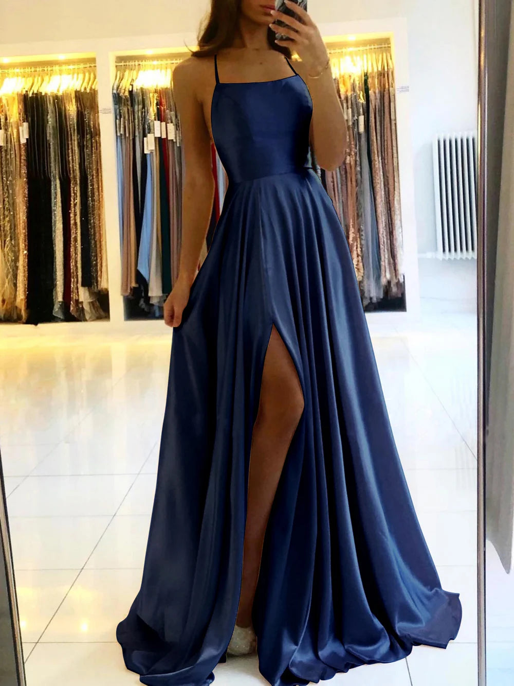 Ladies Blue A-line Long Satin Evening Dresses For Women Simple Spaghetti Straps Sexy Slit Wedding Prom Party Gowns Vestidos Navy Blue