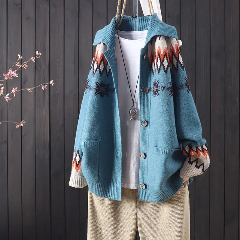 Female autumn and winter knitted button jacquard pocket long sleeve knitted cardigan women commuter art sweater coat green One Size