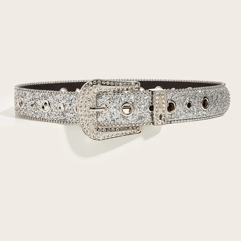 Shinning for Rhinestone Belts Women PU Leather Western Y2K Girls Belt for Jeans