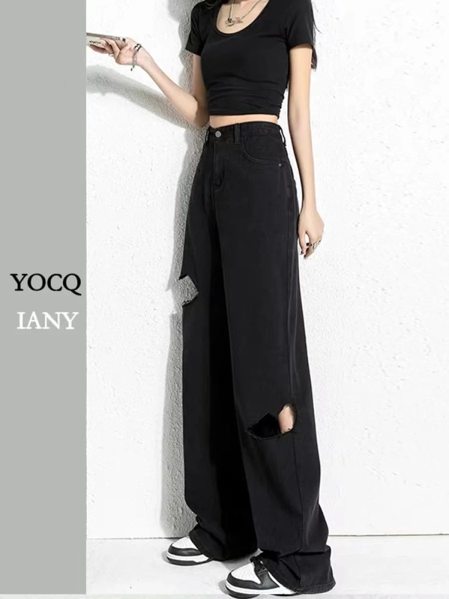 Black Ripped Jeans Women Summer New Straight Y2k Jeans Korean Fashion Women Pants High Waist Wide Demin Pant