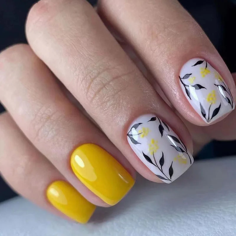 24pcs/set short square fake nails flowers leaf design for summer halloween faux ongles nail tips press on acrylic false nail art