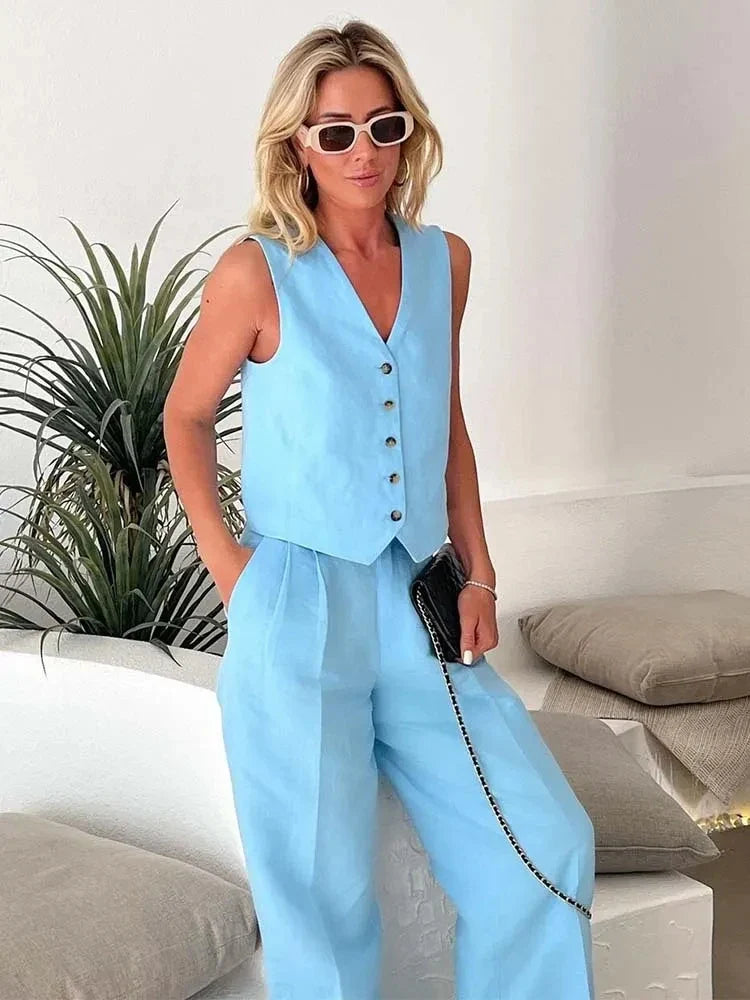 Women Blue Pants 2 Pieces Sets Fashion Linen Vest Tops+Straight Pants Office Suit Vintage Woman Two Pieces Outfit