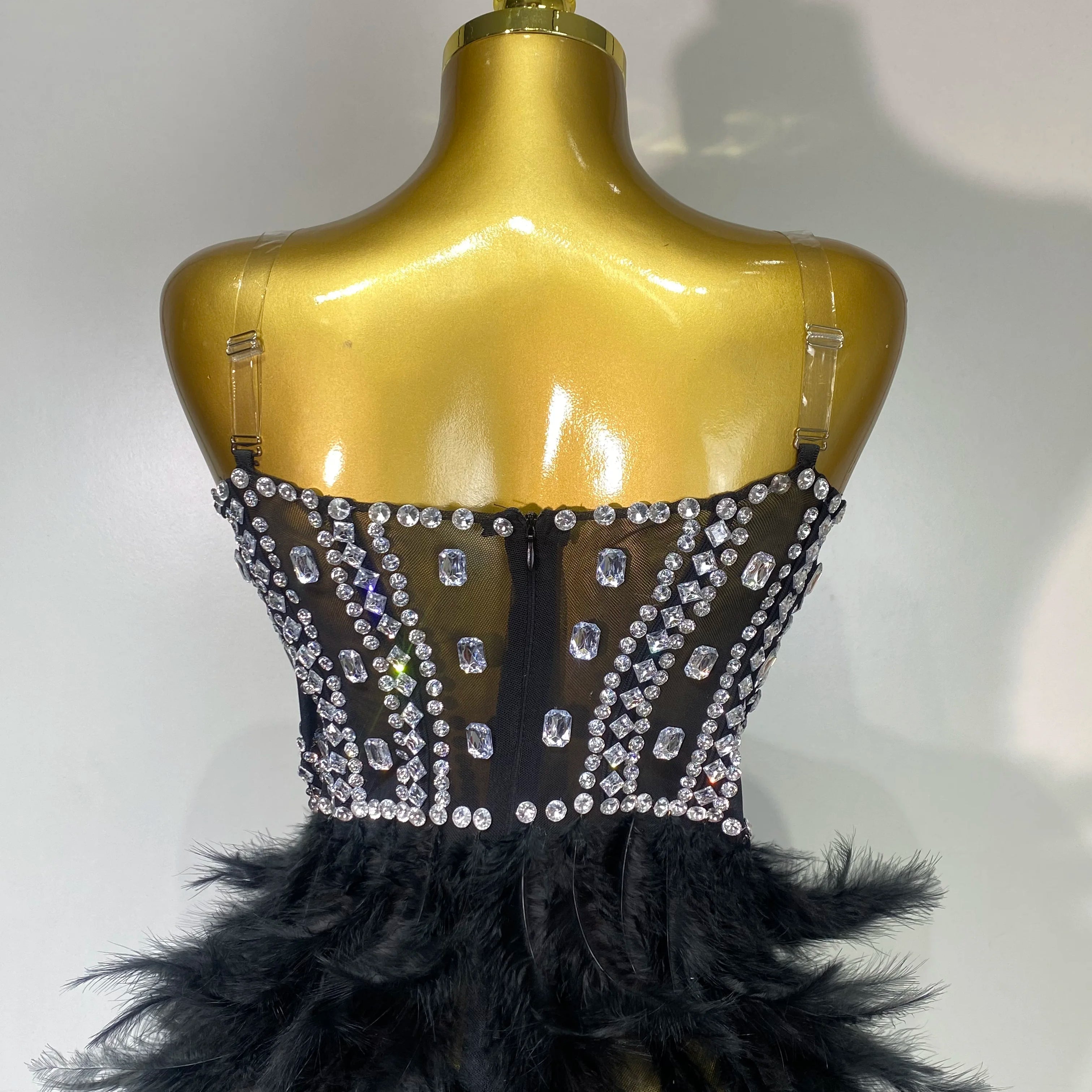 Luxury Birthday Evening Party Long Dress Women Sexy High Slit Backless Gowns Diamonds Feather Patchwork Stage Perform Costume