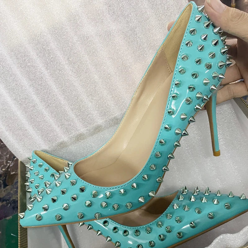Heelgoo Shiny Spikes Women Patent Pink Pointy Toe Sexy High Heel Party Shoes Rivets Studs Ladies Slip On Stiletto Pumps 8-12cm Green 12cm Heel