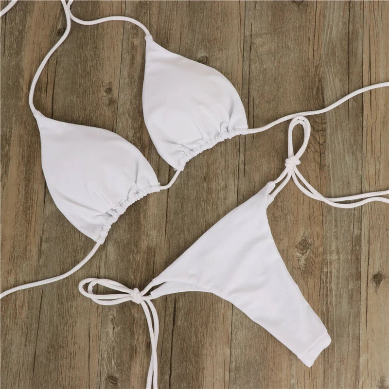 Sexy Micro Bikini Sets Thong Triangle Swimsuit Brazlian Bathing Suit Summer Solid Swimwear Biquini Swimming Pool Beachwear 2023 White 2