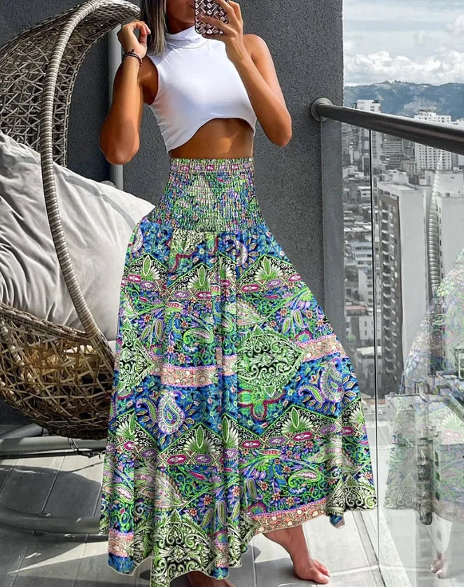 CM.YAYA Women Fashion Bandanna Paisley Big Swing High Waist Maxi Skirt Streetwear 2024 Boho Vintage Casual Long Skirts