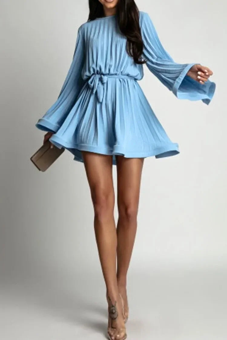 08 New Spring Summer Elegant Pleated Dress Women Fashion Solid Round Neck Flared Sleeve Lace-up Pleated Mini Dress Women Sky Blue