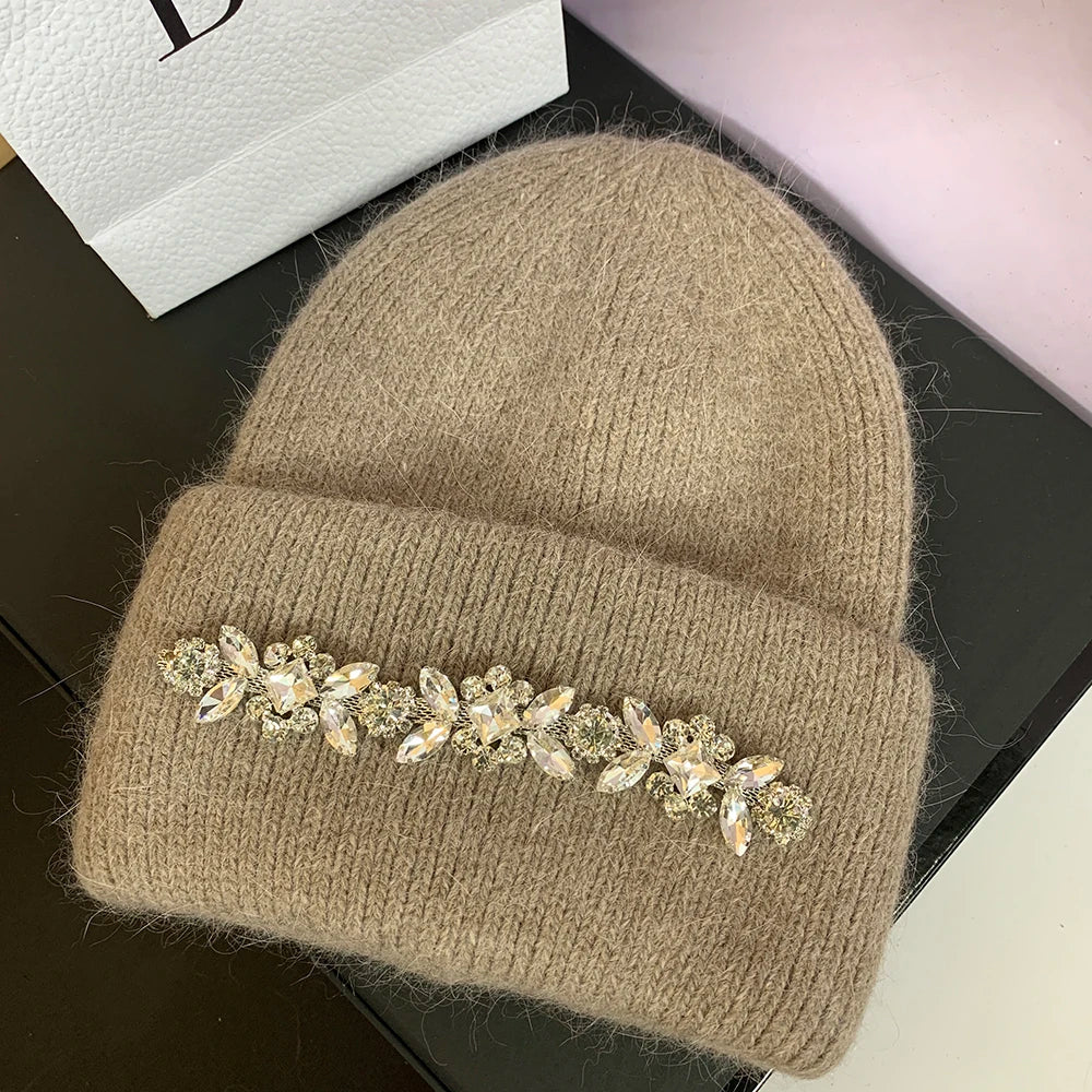 Real Rabbit Fur Knitted Hats for Women Winter Warm Beanie Luxury Rhinestones Bonnet Lady Outdoor Skiing Skullies Beanies Caps moca