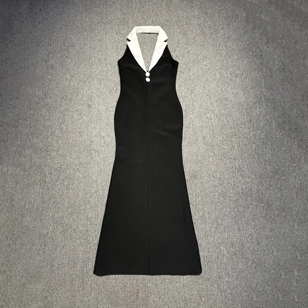 VC Stylish Black White Color Block Deep V-Neck Halter Sleeveless Long Dress Summer Date Daily Gown