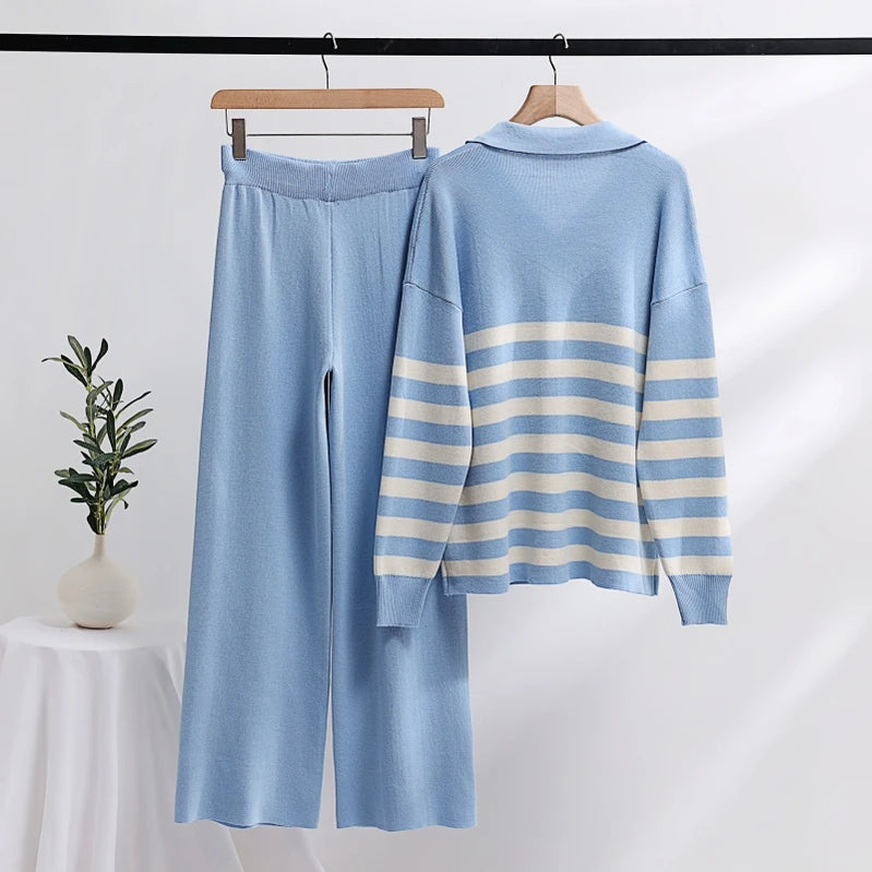 Winter Knit Tracksuit Two Piece Set Striped Sweater Matching Sets Women Knit Suit Knitted Two Piece Pants Sets For Women 2023