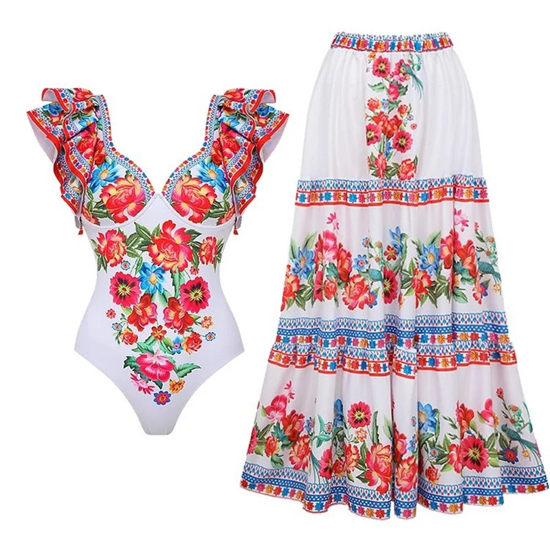 Sexy One Piece Swimsuit Push Up Swimwear Women Ruffle Monokini Cover Up Shoulder Swimsuit Bodysuit Bathing Suit Skirt SET 4