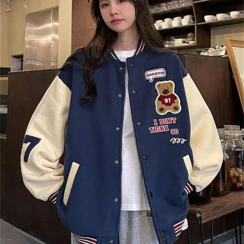 Vintage Bomber Jackets Women Cartoon Bear Baseball Coats Streetwear Female Fashion Hip Hop Casual Ladies Tops Autumn Winter Navy Blue