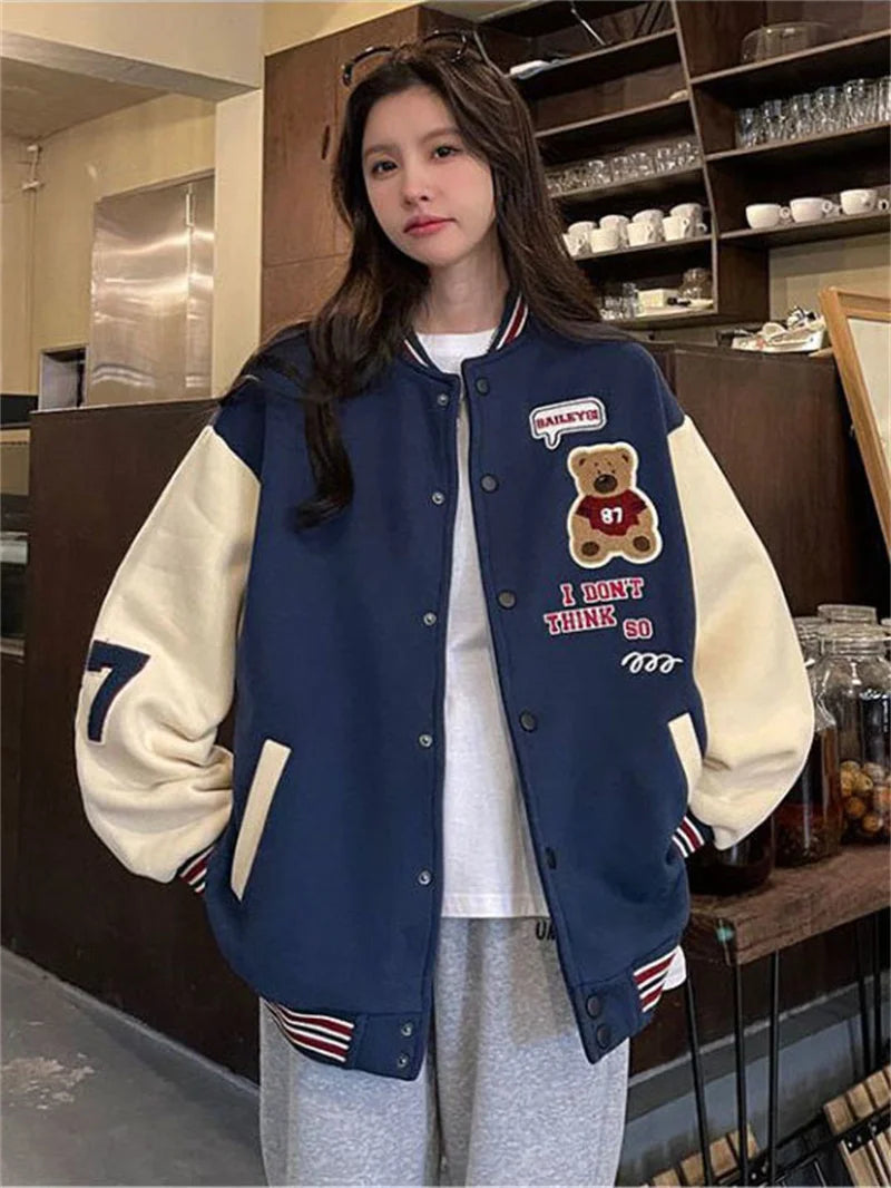 Vintage Bomber Jackets Women Cartoon Bear Baseball Coats Streetwear Female Fashion Hip Hop Casual Ladies Tops Autumn Winter Navy Blue