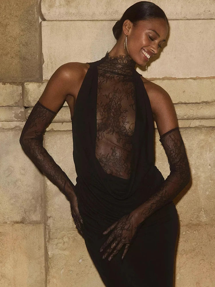 VC Glamorous Black Halter Dress with Lace Details Gloves for Fashion Events Party Evening Gown