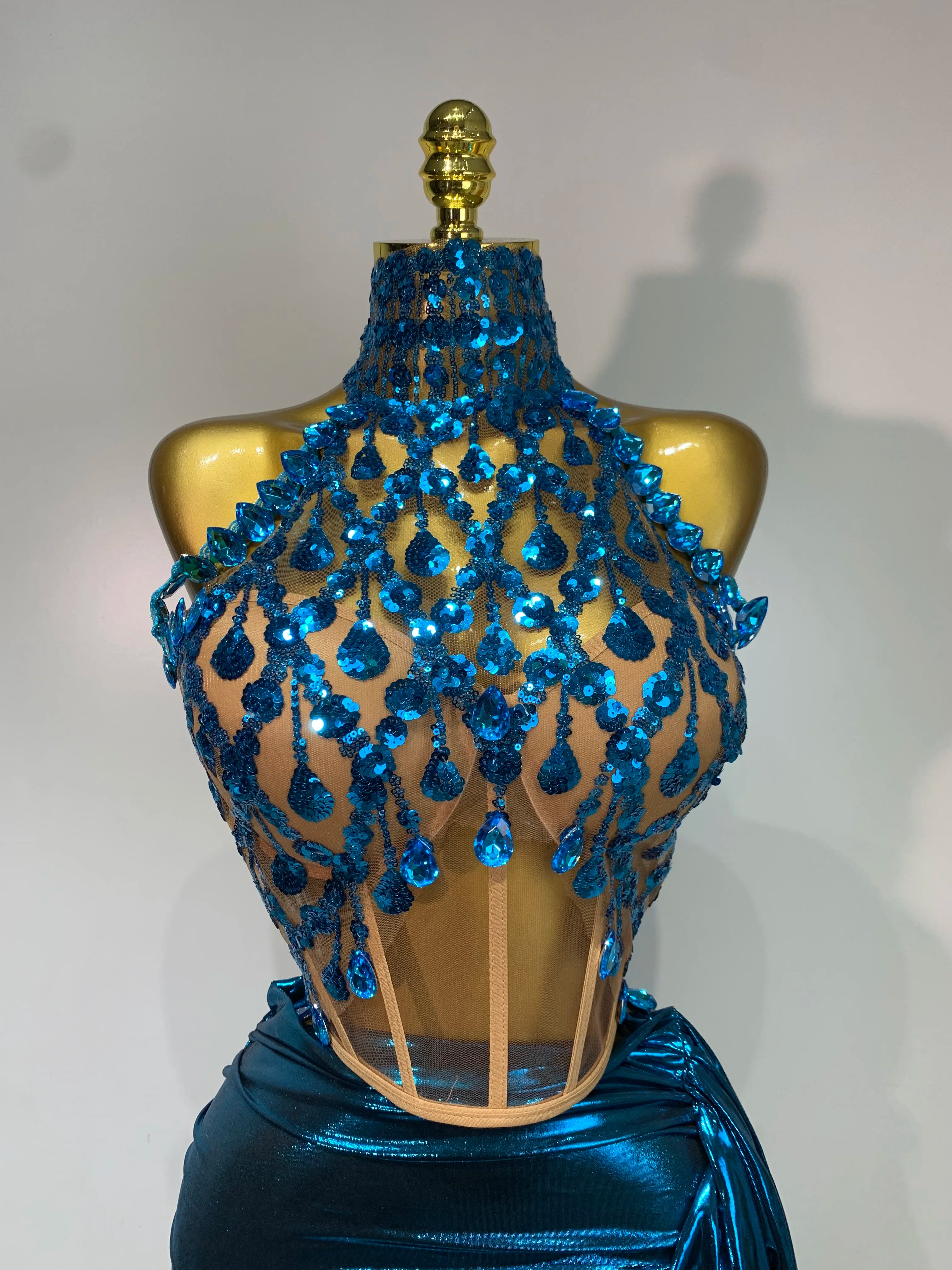 Ensemble haut et jupe sexy dos nu à paillettes et strass de luxe pour soirée, bal de promo, boîte de nuit, chanteur, tenue de scène, 2025