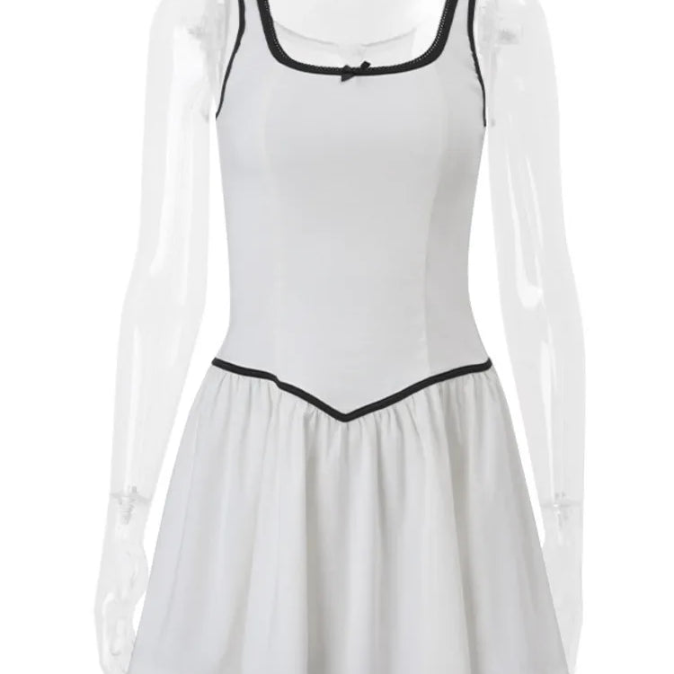 Square Collar Backless Sexy Mini Dress For Women Robe Zipper A-line Contrast Color Sleeveless High Waist Club Dress