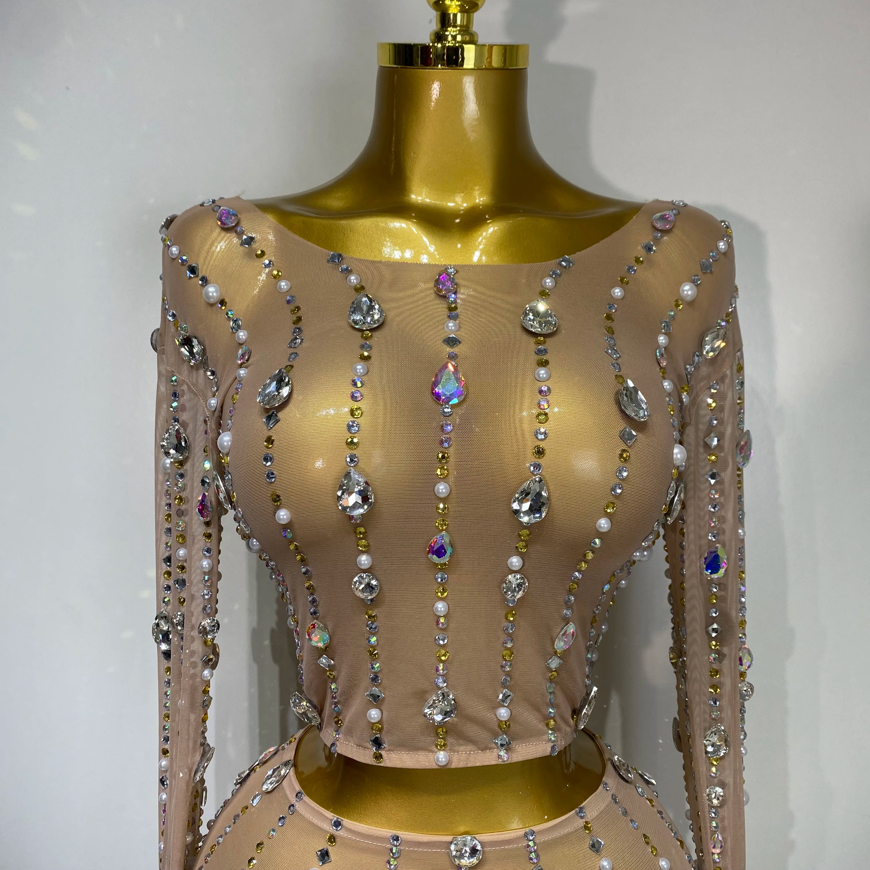 Women Sparkly Rhinestones Top Long Skirt Two Pieces Set Singer Dancer Nightclub Stage Performance Costume Luxury Birthday Dress