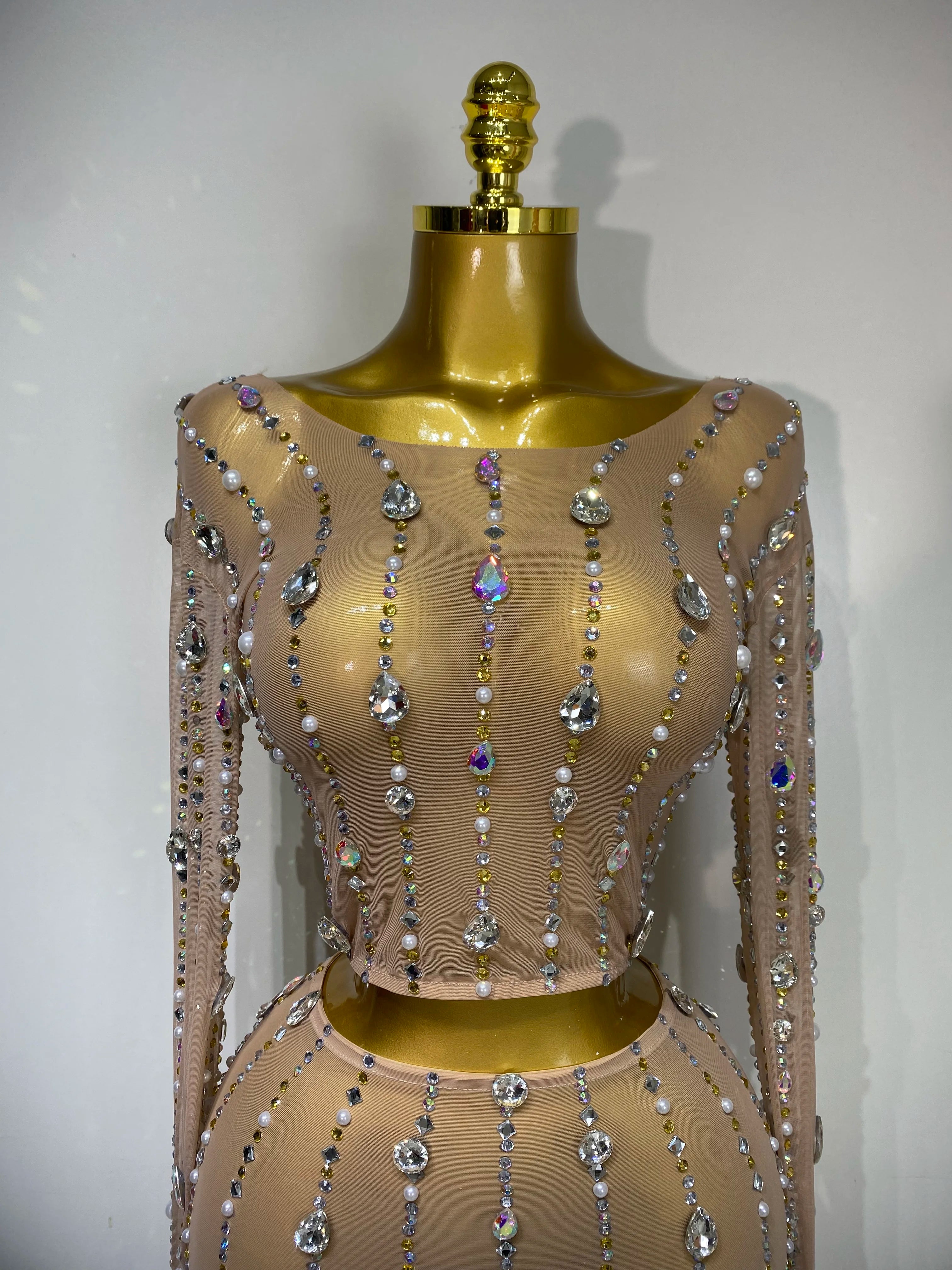 Women Sparkly Rhinestones Top Long Skirt Two Pieces Set Singer Dancer Nightclub Stage Performance Costume Luxury Birthday Dress