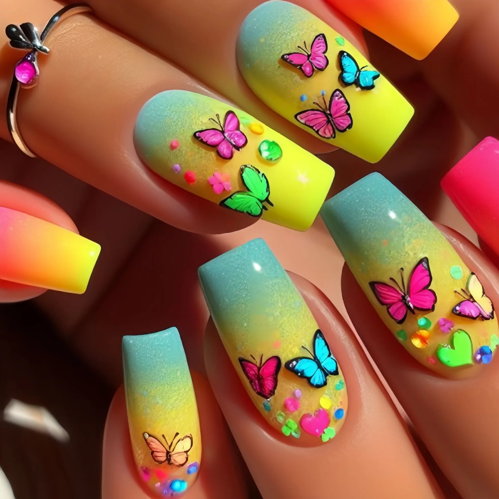 24Pcs Colorful Butterfly False Nail Mid-length Ballet Press on Acrylic Nail Fashion Long Manicure Wearable Square Fake Nail Tips