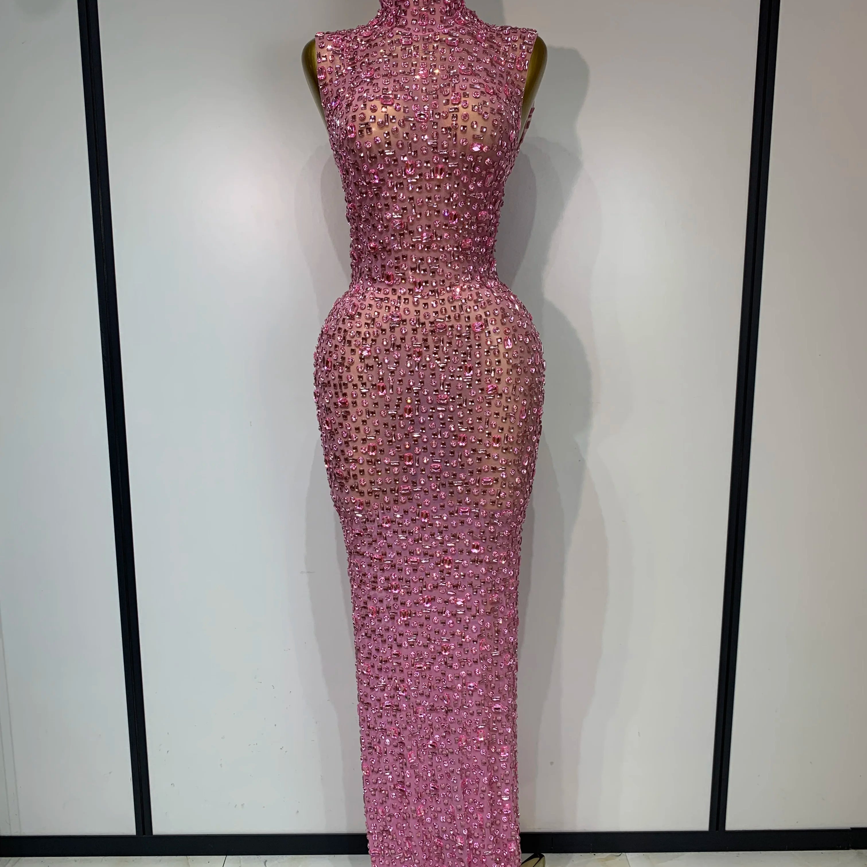 Sparkly Rhinestone Sleeveless Maxi Long Dress Sexy Mesh See Through Luxury Birthday Dress Evening Party Singer Stage Outfit