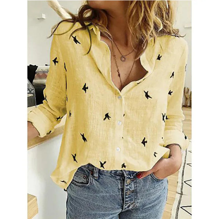 Women Casual Long Sleeve Cotton Linen Loose Shirt Elegant Solid Harajuku Lapel Blouse Vintage Oversize Tops Y2K Streetwear Tunic Birds Print Yellow