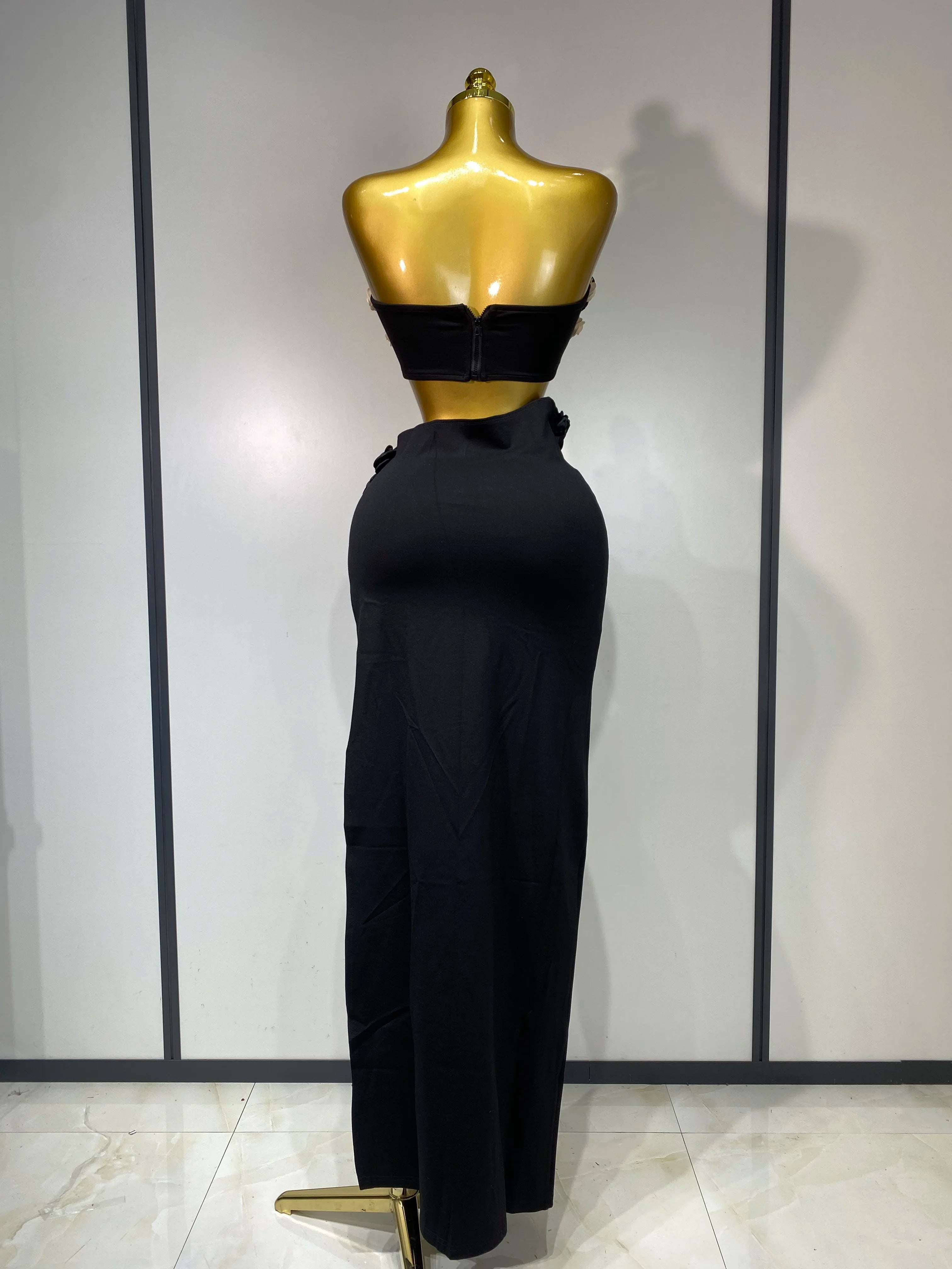 High Quality Women Sexy Flower Strapless Top High Slit Long Skirt Elegant Evening Party Two Piece Set Luxury Birthday Club Gown