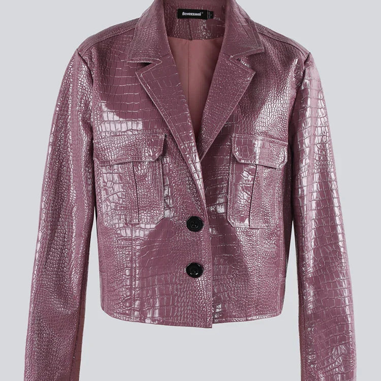 Spring Autumn Short Cool Stylish Shiny Reflective Crocodile Print Patent Pu Leather Jacket Women Runway Fashion 2023 purple