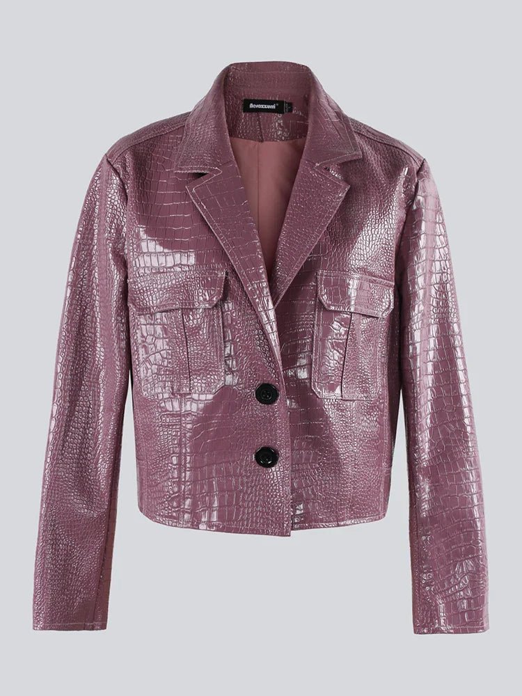 Spring Autumn Short Cool Stylish Shiny Reflective Crocodile Print Patent Pu Leather Jacket Women Runway Fashion 2023 purple