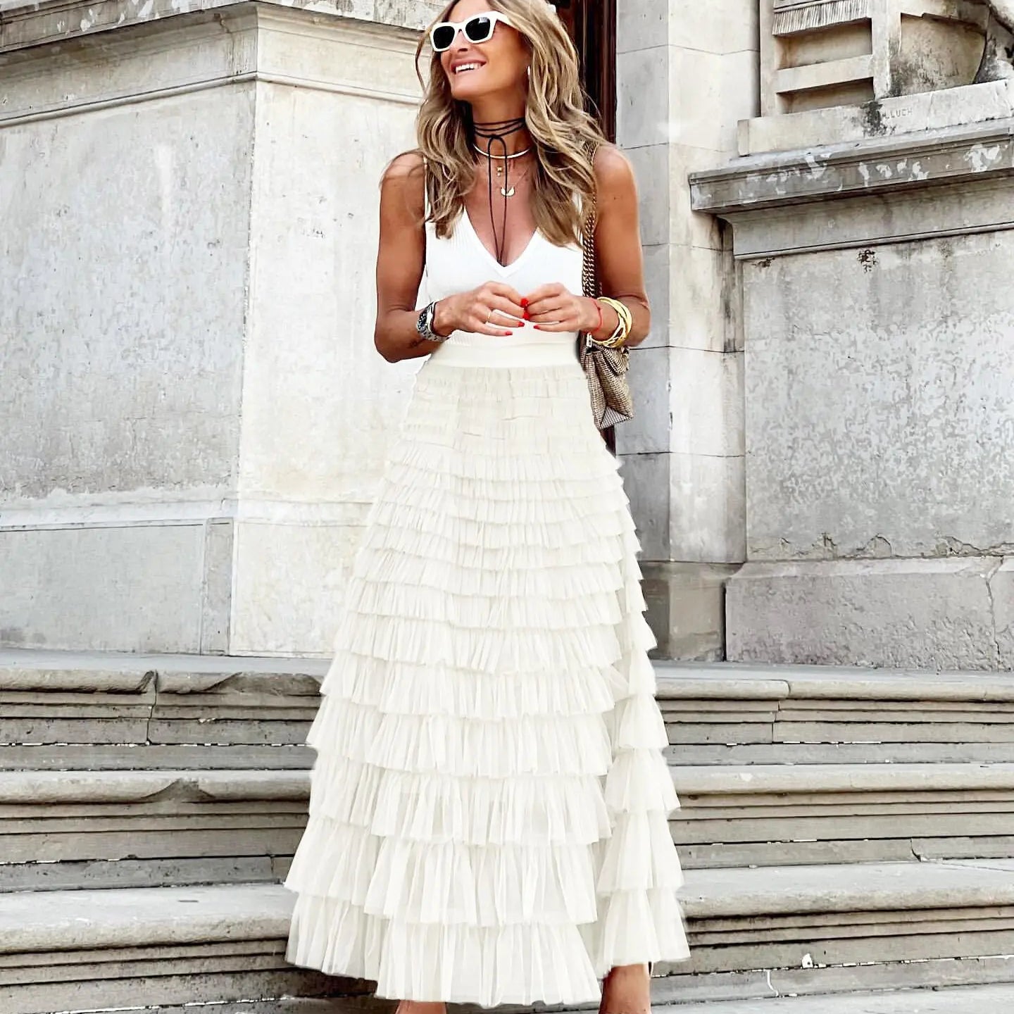 Casual Womens Solid Ball Gown Long Skirt Tulle High Waist Pleated Tutu Skirt Elegant Ladies Wild Mesh Dating Maxi Skirts Drop
