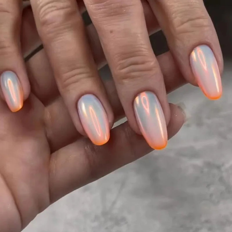 24Pcs Almond Green Press on Fake Nails with Glue Simple Oval Manicure Set Short Flowers Design False Nails Full Cover Nail Tips