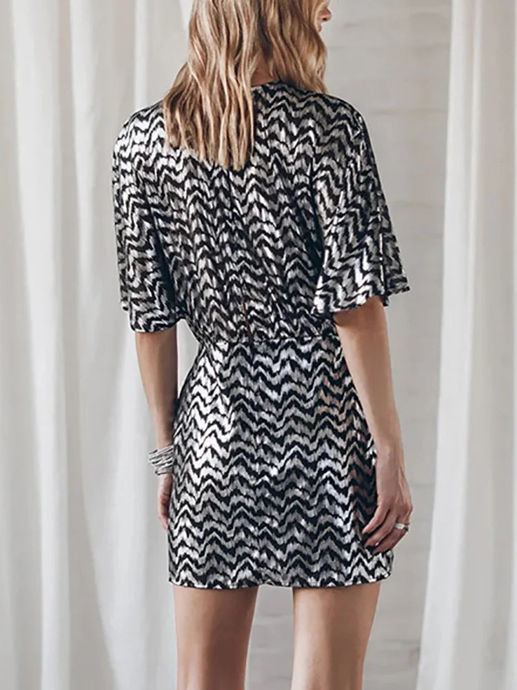 Round Neck Backless Hollow Out Women Dress Summer Casual Femme Half Sleeve Print Dress Streetwear Loose Mini Black Dress Vestido