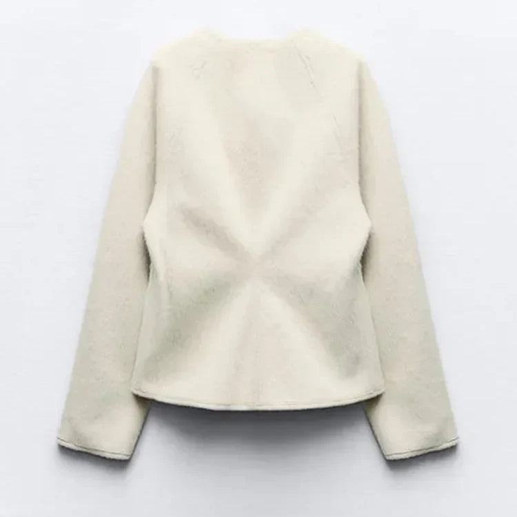 Vintage Leather Buckle Woolen Coat For Women Fashion V Neck Long Sleeve Cropped Jacket Spring Female High Street Outerwear