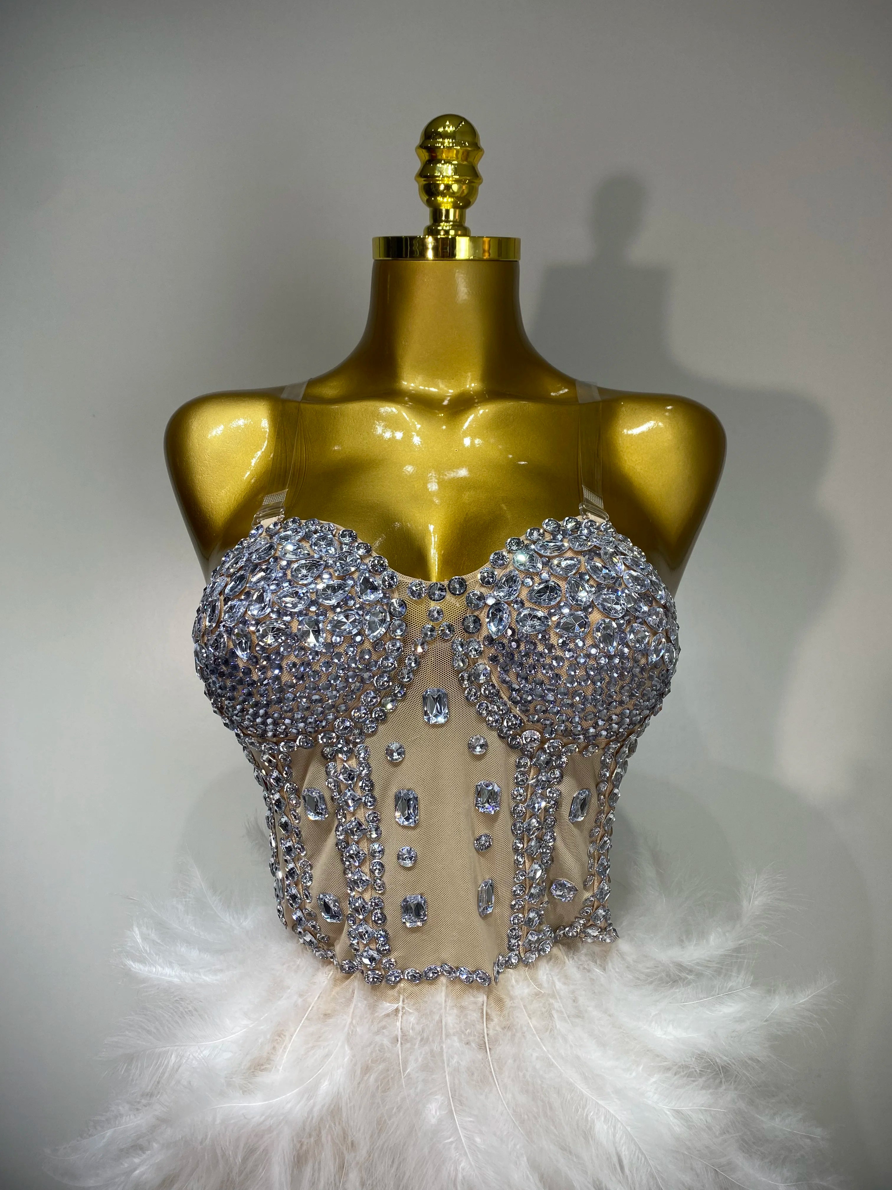 Women Sexy Sparkly Rhinestone Feather Mesh Long Dress Elegant Evening Party Celebrate Luxury Birthday Singer Stage Costume