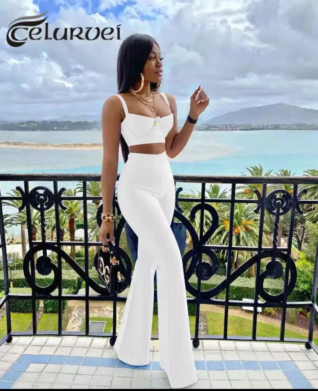 Summer Fashion Celebrity Sexy Bandage Two-piece Set Tight Short Top & High Waist Flared Trousers Pants Set