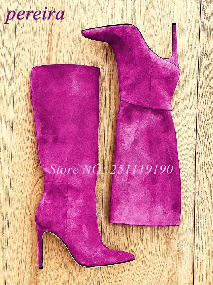 Royal Blue Boots Suede Pointed Toe Botas Women Luxury Designer Shoes Winter 2025 Pull On Slip On Stiletto Knee-high Booties New