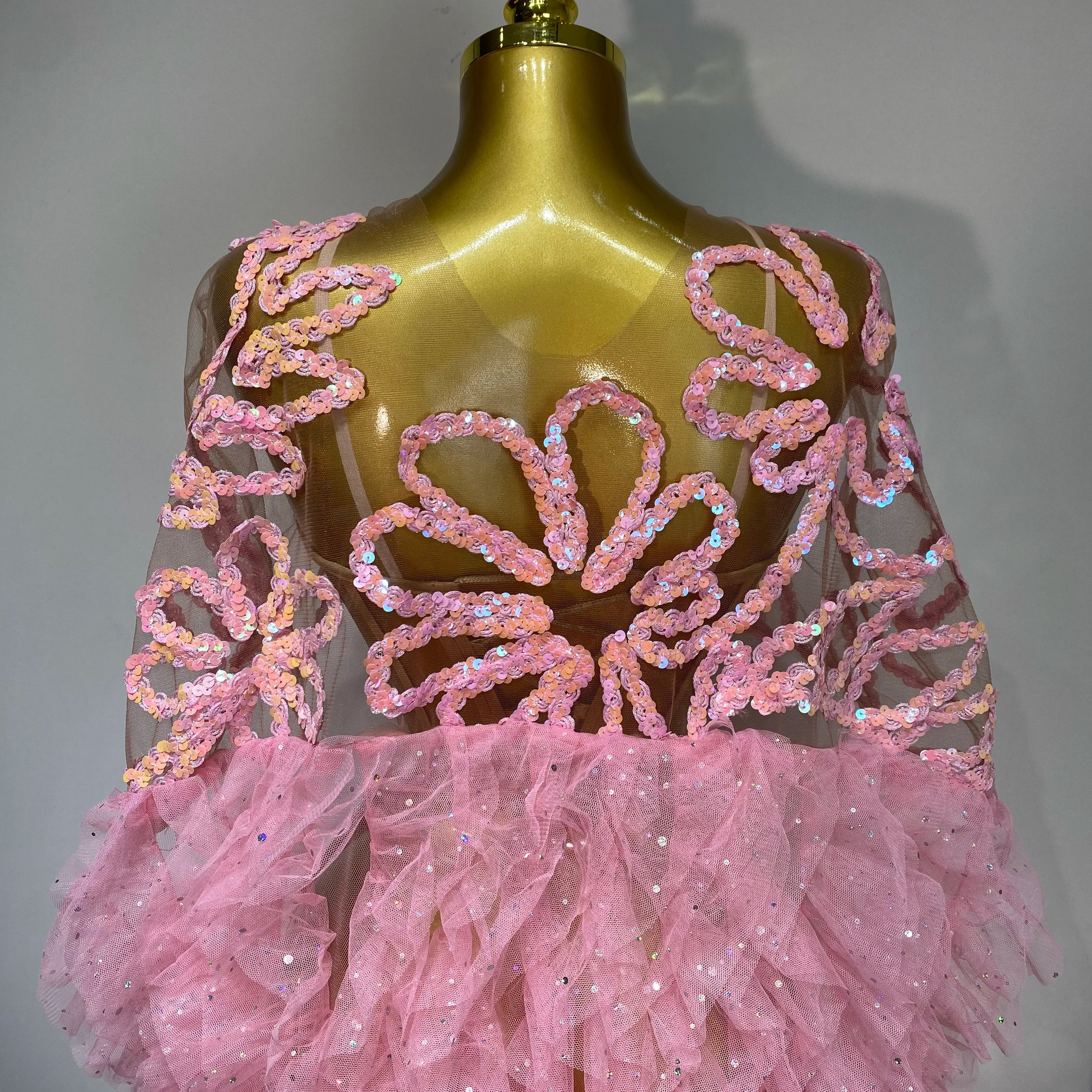 Women Sexy Mesh See Through Sequins Pink Maxi Long Dress Sparkly Sequin Evening Party Costume Stage Performance Birthday Dress