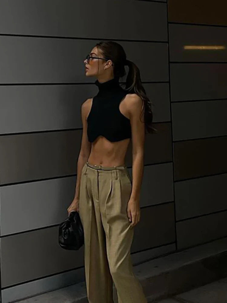 Y2k Black Knitting Turtleneck Crop Top Women Sexy Irregularity Skinny Elasticity Tank Top Fashion Club Top Streetwear