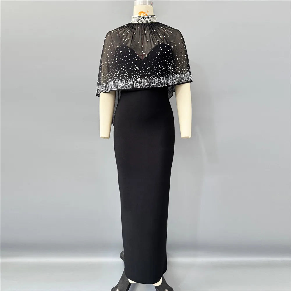 VC Luxury Sheer Beaded Mesh Cape Black Maxi Strapless Sleeveless Dress for Formal Events Gown