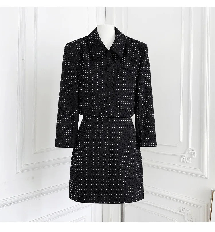 TWOTWINSTYLE Slimming Spliced Hot Fix Two Piece Sets for Women Lapel Long Sleeves Patchwork Single Breasted Top Skirt Set Female