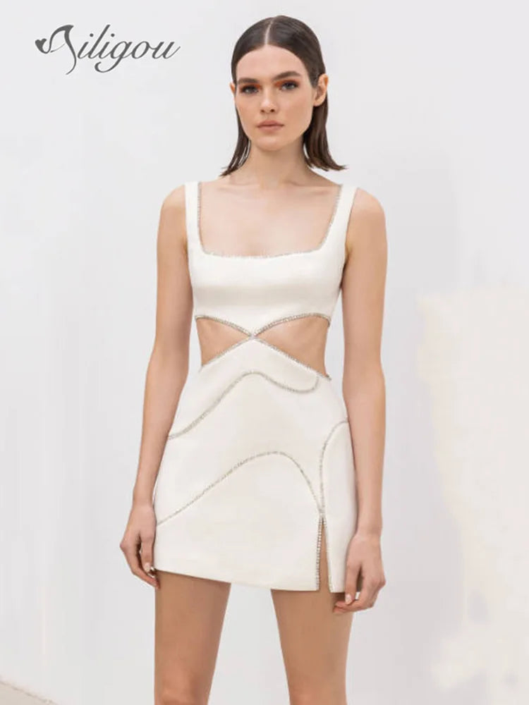 Ailigou 2023 New Summer Women'S White Sexy Luxury Diamond Cut-Out Vest Club Clothing Fashion Sleeveless Mini Bandage Dress