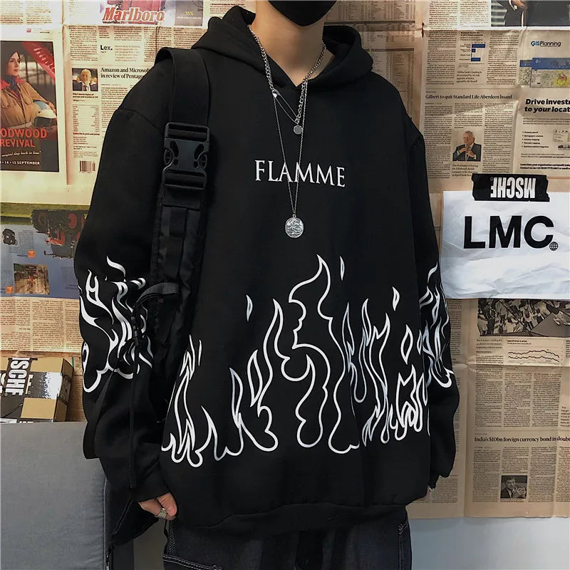 Retro Flame Print Hoodies Women Autumn Casual Oversized Long Sleeve Pullovers Tops Korean Style Harajuku Unisex Loose Sweatshirt