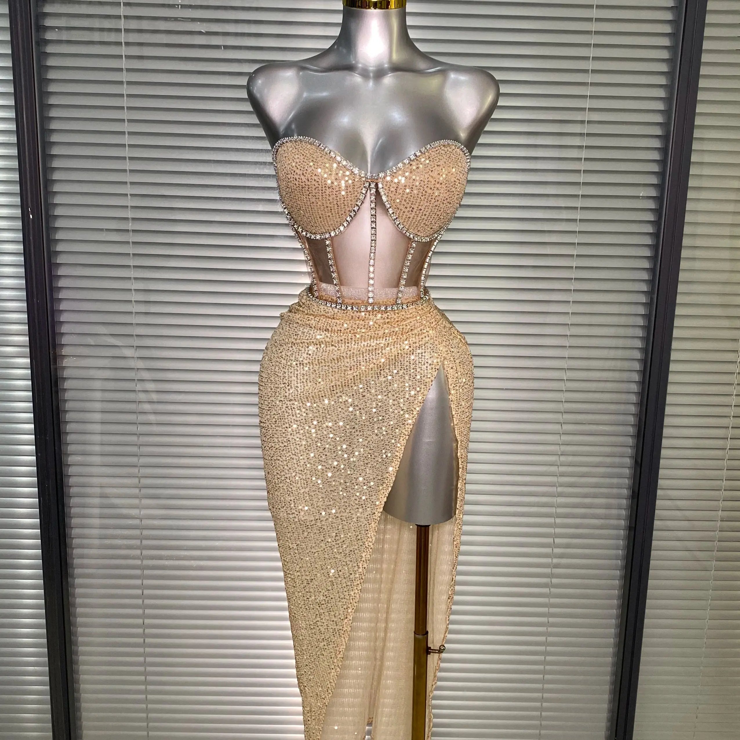 Women Sexy Sparkly Sequins Strapless Lace Openback Two Piece High Split Birthday Party Nightclub Outfit Dancer Performance Suit