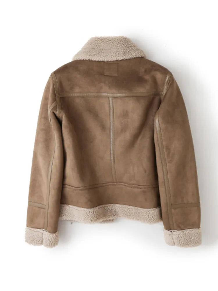 Brown Jacket For Women Winter Vintage Fur Integrated Jacket Lapel Long Sleeves Jackets Female Outwears Chic